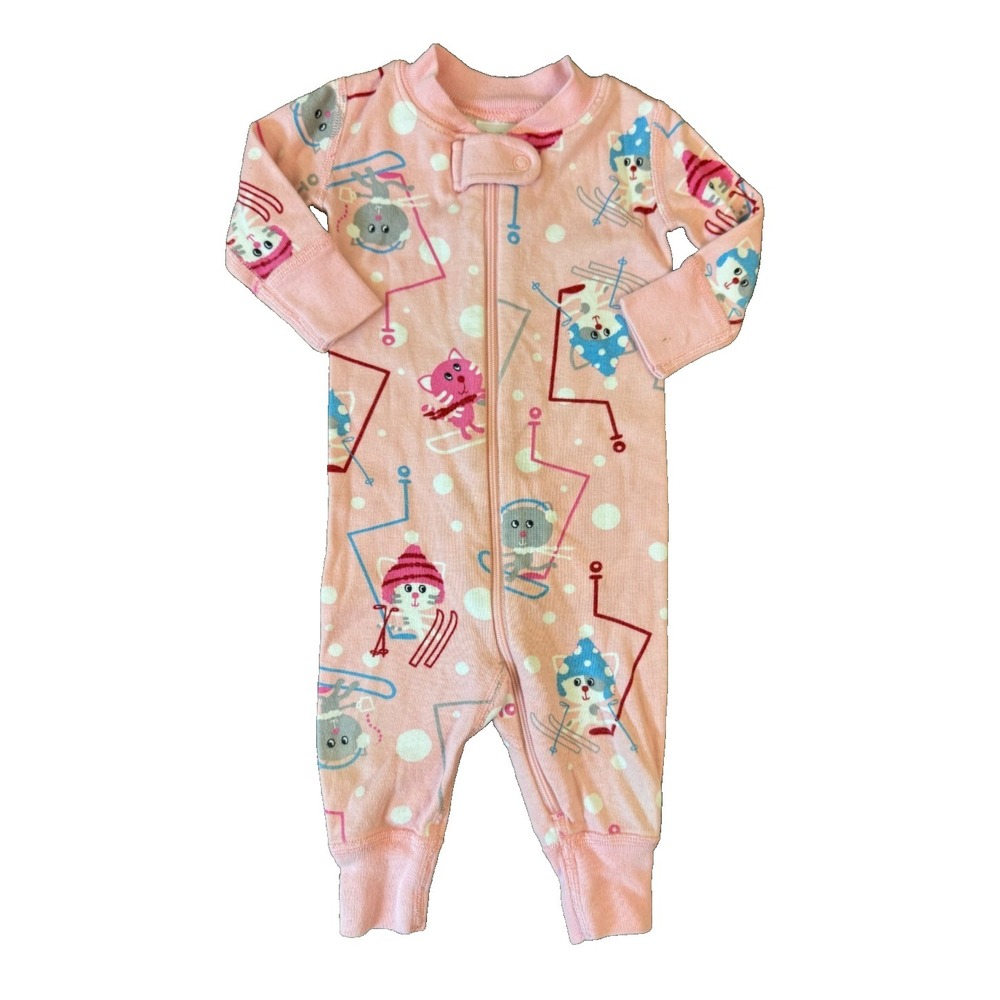 Hanna Andersson Baby Girl Pajamas 0/3 Months 50 CM Romper Kitty Cats Skiing Pink